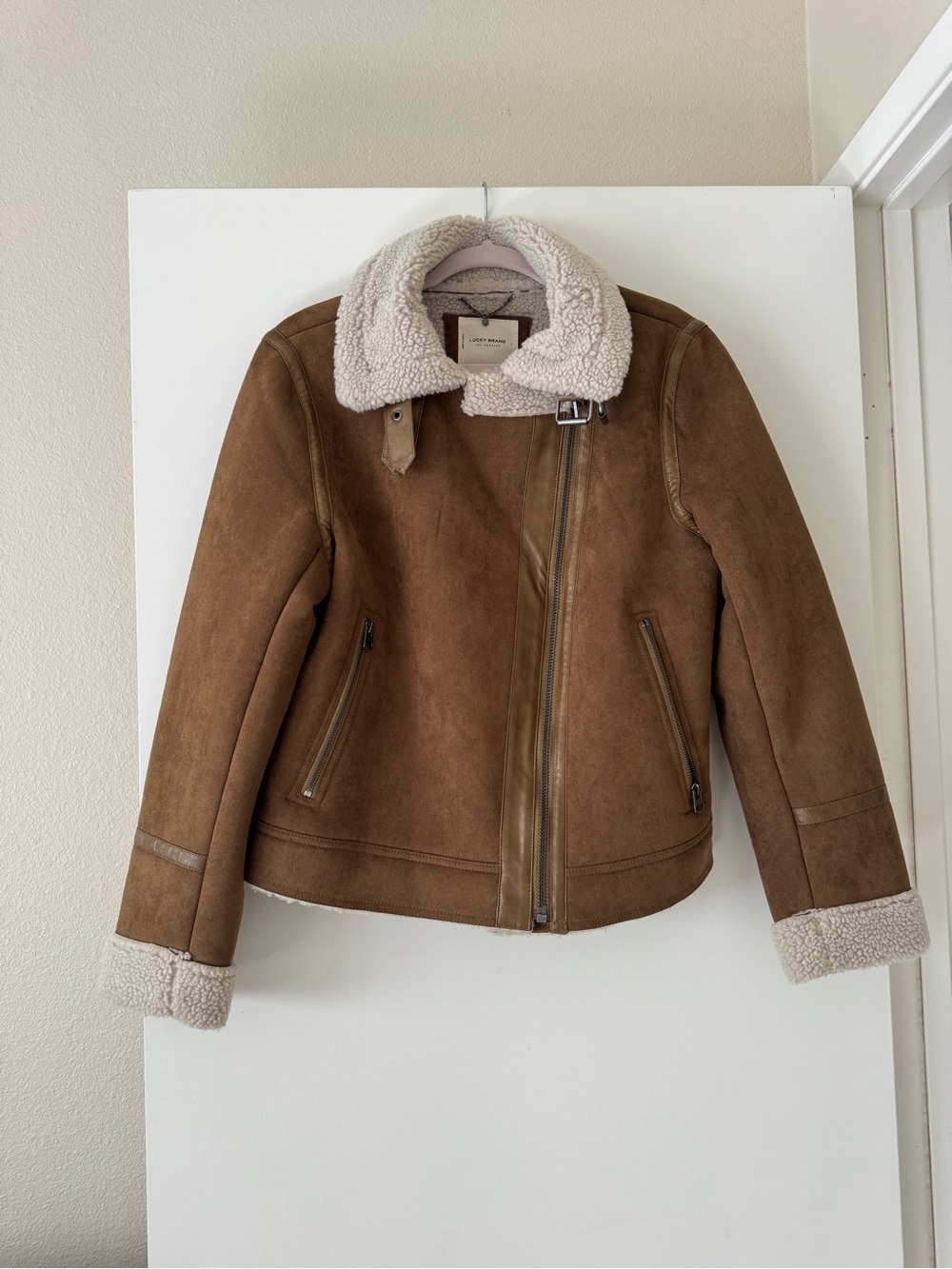 Lucky Brand Brown Suede Bomber Jacket with Cream Sherpa Lining